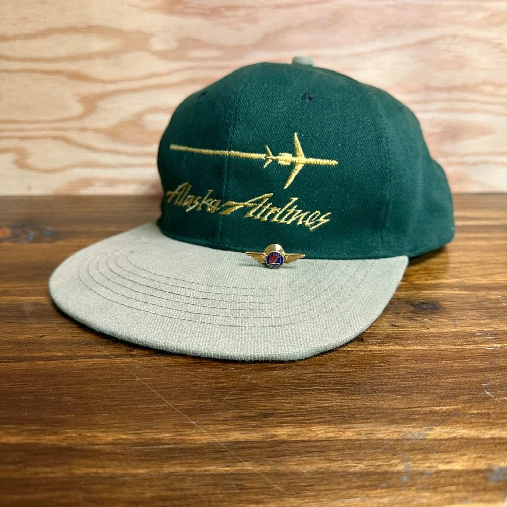 Vintage Alaska Airlines Hat and 1/10 10K Gold Pin Green Snapback Jet Embroidery